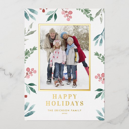 Waterverf Winter Botanisch Lijst Foto Folie Feestdagenkaart (Voorkant)