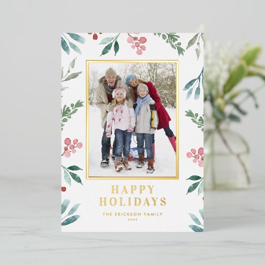 Waterverf Winter Botanisch Lijst Foto Folie Feestdagenkaart (Staand Voorkant)