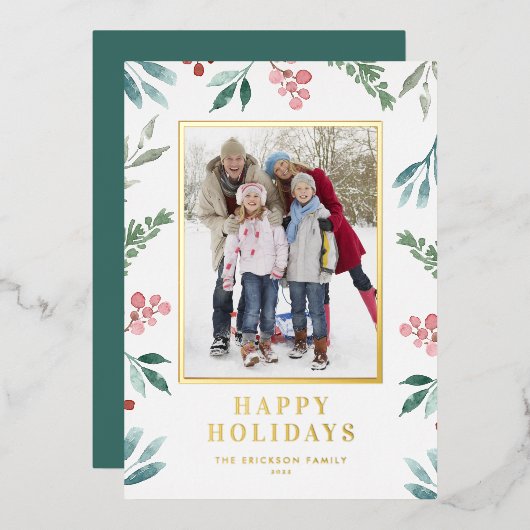 Waterverf Winter Botanisch Lijst Foto Folie Feestdagenkaart (Voorkant / Achterkant)