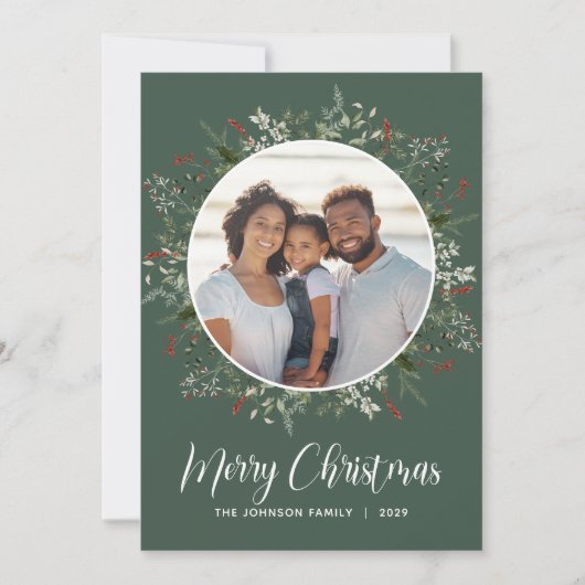 Waterverf winter botanische foto groen feestdagenkaart (Voorkant)