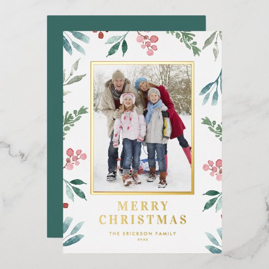 Waterverf Winter Botanische Lijst kerstfoto Folie Feestdagenkaart (Voorkant / Achterkant)