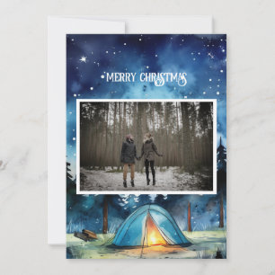 Waterverf Winter Camping Paar Kerstfoto Feestdagenkaart