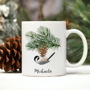 Waterverf Winter Chickadee op dennenappel Koffiemok