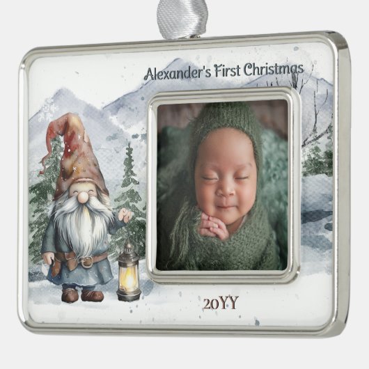 Waterverf Winter Christmas Gnome Baby Foto Verzilverd Omlijst Ornament (Links)