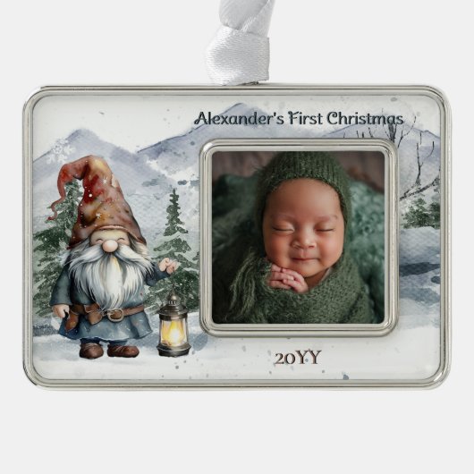 Waterverf Winter Christmas Gnome Baby Foto Verzilverd Omlijst Ornament (Voorkant)