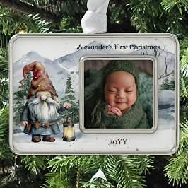Waterverf Winter Christmas Gnome Baby Foto Verzilverd Omlijst Ornament