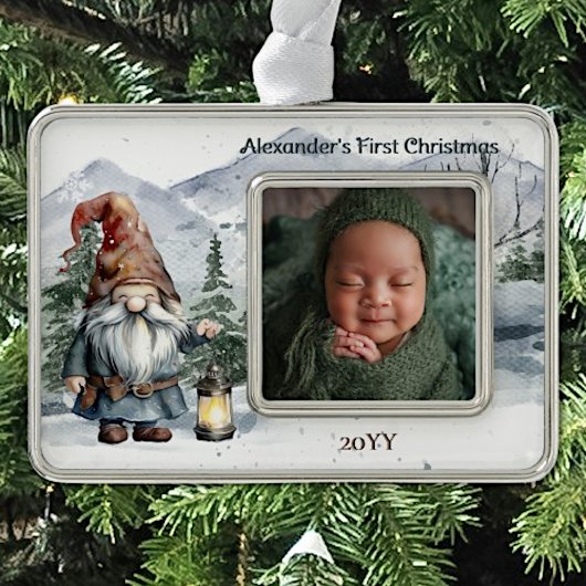 Waterverf Winter Christmas Gnome Baby Foto Verzilverd Omlijst Ornament