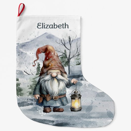 Waterverf Winter Christmas Gnome gepersonaliseerd Grote Kerstsok (Voorkant)
