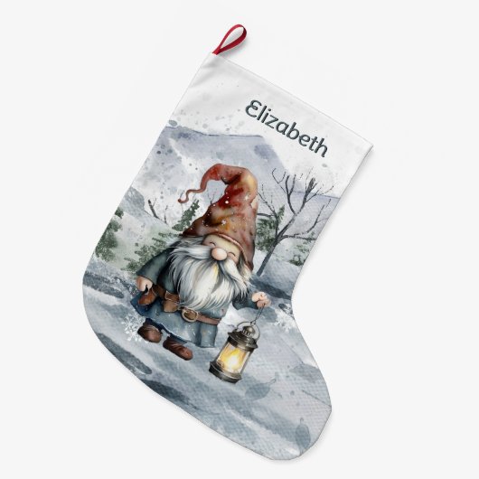 Waterverf Winter Christmas Gnome gepersonaliseerd Grote Kerstsok (Voorkant (Hangend))