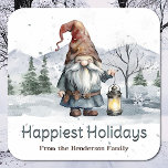 Waterverf Winter Christmas Gnome gepersonaliseerd Vierkante Sticker<br><div class="desc">Sluit de enveloppen van uw uitgaande kerst Kaarten dit vakantieseizoen met een Waterverf Winter Christmas Gnome Gepersonaliseerde vakantie Sticker. Het ontwerp van de sticker is voorzien van een vrolijke kerstkabouter met een verlichte lantaarn met een achtergrond van bergbossen met vallende sneeuw. Personaliseer met uw eigen vakantie begroeting en familienaam. Extra...</div>