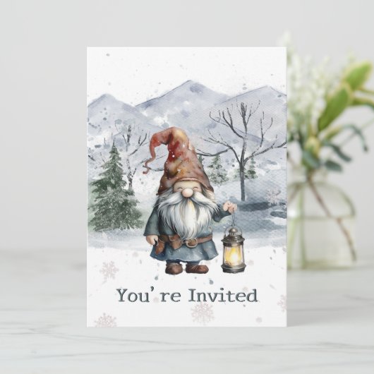 Waterverf Winter Christmas Gnome Holiday Party Kaart (Staand voorkant)