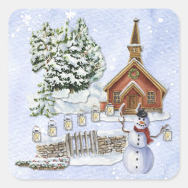 Waterverf Winter Church Vierkante Sticker