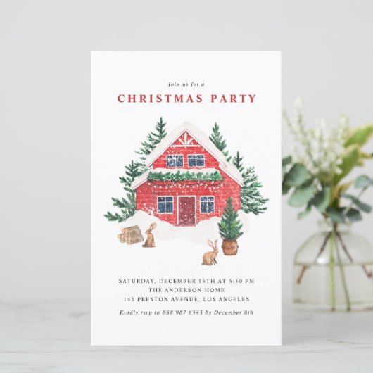 Waterverf Winter Cottage Kerstfeest Uitnodigen (Staand voorkant)