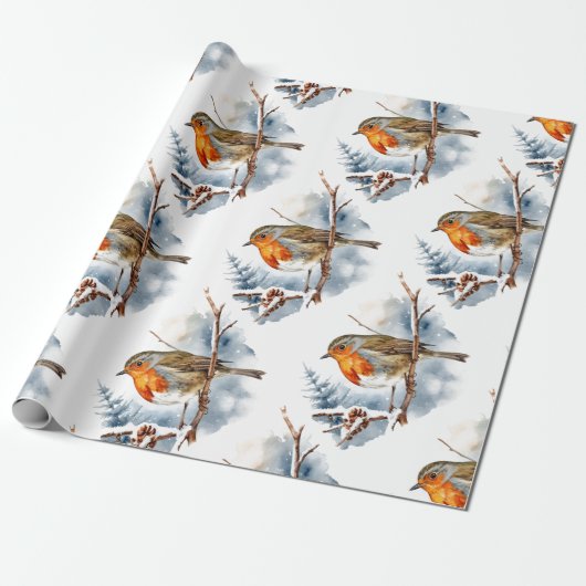 Waterverf Winter Engels Robin Bird Natuur Cadeaupapier (Uitgerold)