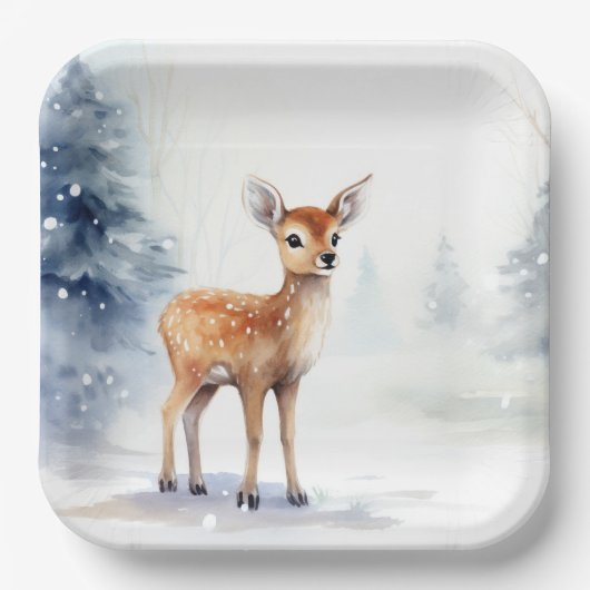 Waterverf Winter Fawn Papieren Bordje (Voorkant)