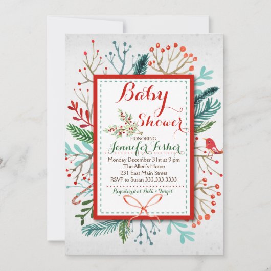 Waterverf Winter Floral Baby shower Uitnodiging (Voorkant)