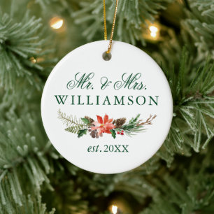 Waterverf Winter Floral de heer en mevrouw PHOTO B Keramisch Ornament