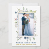 Waterverf Winter Floral Dusty Blue Gold Pas getrou Feestdagenkaart (Voorkant)