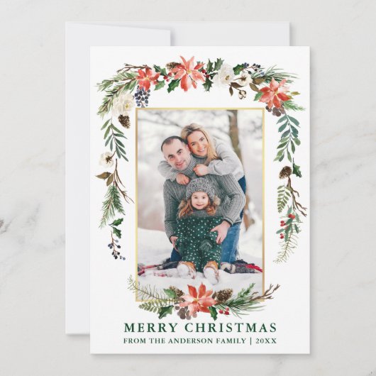 Waterverf Winter Floral Foto Gold Green Feestdagenkaart (Voorkant)