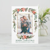 Waterverf Winter Floral Foto Gold Green Feestdagenkaart (Staand voorkant)