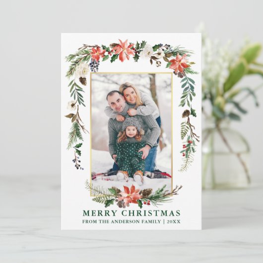 Waterverf Winter Floral Foto Gold Green Feestdagenkaart (Staand voorkant)