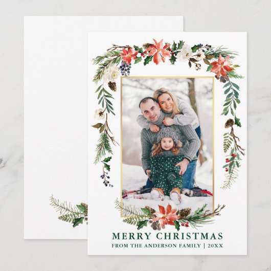 Waterverf Winter Floral Foto Gold Green Feestdagenkaart (Voorkant / Achterkant)