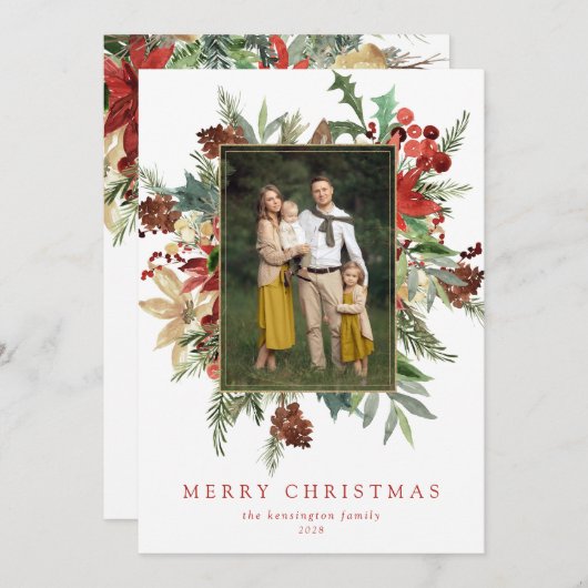 Waterverf Winter Floral Gold Foil kerstfoto (Voorkant / Achterkant)