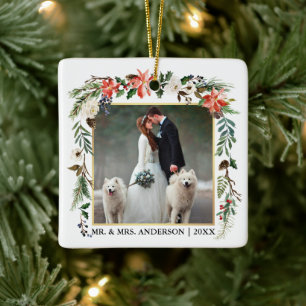 Waterverf Winter Floral Gold Lijst Weddenfoto Keramisch Ornament