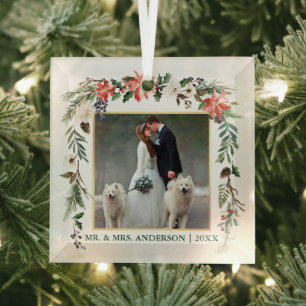 Waterverf Winter Floral Green Gold Wedding Foto Glas Ornament
