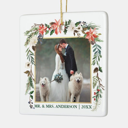 Waterverf Winter Floral Green Gold Wedding Foto Keramisch Ornament (Links)