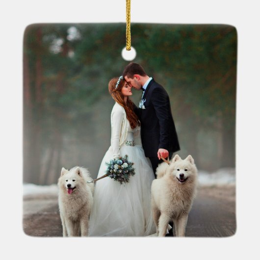 Waterverf Winter Floral Green Gold Wedding Foto Keramisch Ornament (Achterkant)