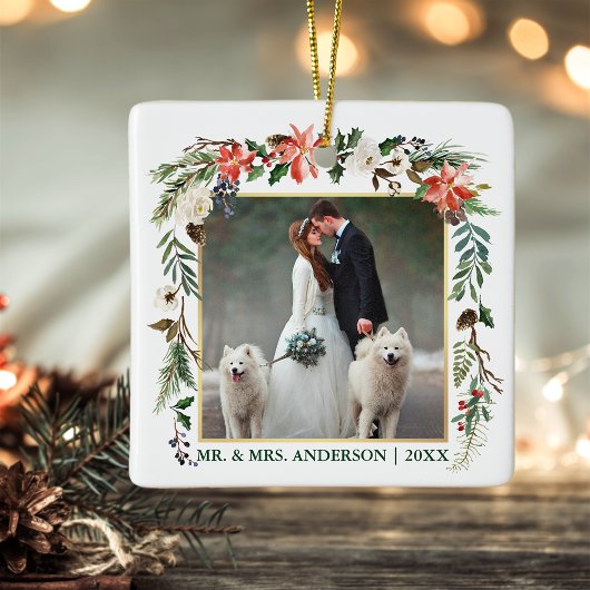 Waterverf Winter Floral Green Gold Wedding Foto Keramisch Ornament