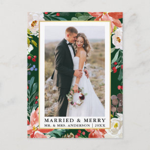 Waterverf Winter Floral Green Married en Merry Briefkaart
