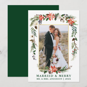 Waterverf Winter Floral Green Married en Merry Feestdagenkaart