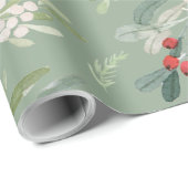 Waterverf Winter Floral Holly Berry Pattern Green Cadeaupapier (Rol Hoek)