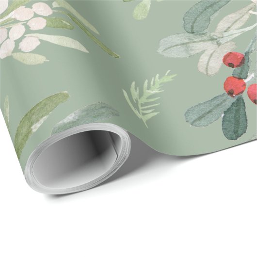 Waterverf Winter Floral Holly Berry Pattern Green Cadeaupapier (Rol Hoek)