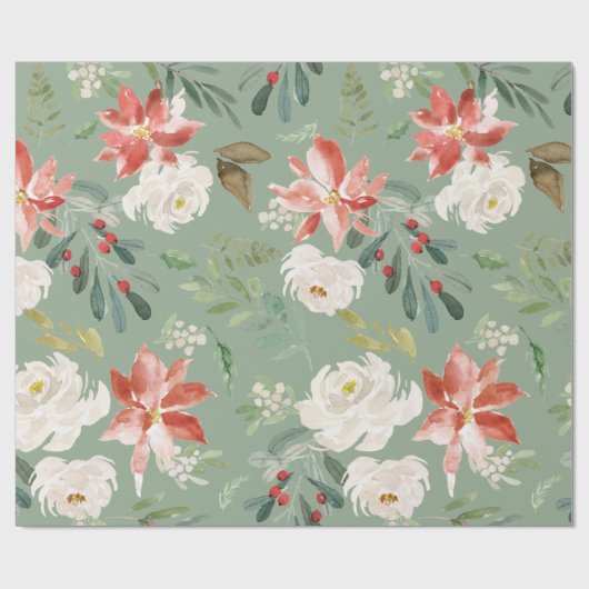 Waterverf Winter Floral Holly Berry Pattern Green Cadeaupapier (Vlak)