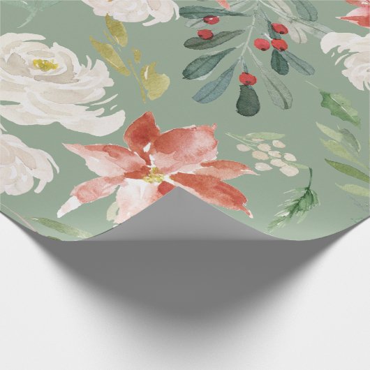 Waterverf Winter Floral Holly Berry Pattern Green Cadeaupapier (Hoek)