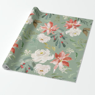 Waterverf Winter Floral Holly Berry Pattern Green Cadeaupapier