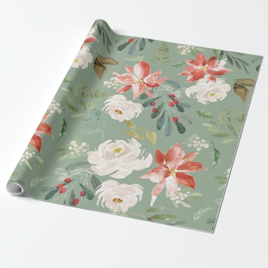 Waterverf Winter Floral Holly Berry Pattern Green Cadeaupapier (Uitgerold)