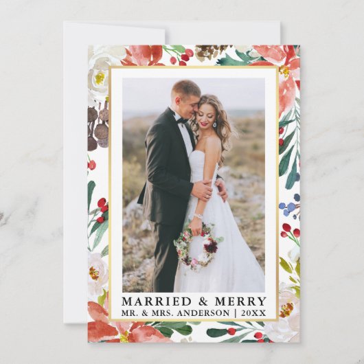 Waterverf Winter Floral Married en Merry Feestdagenkaart (Voorkant)