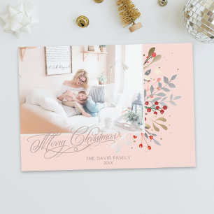 Waterverf Winter Floral op Blush roze foto Feestdagenkaart