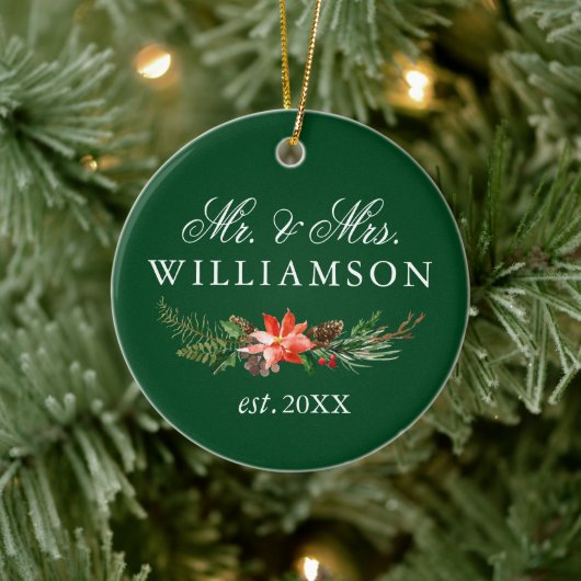 Waterverf Winter Floral PHOTO BACK Green Keramisch Ornament (Boom)