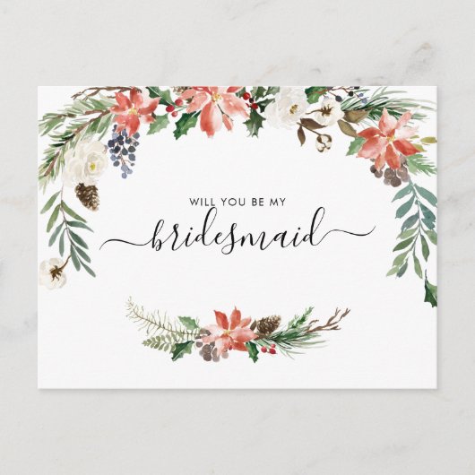 Waterverf Winter Floral | Wees mijn Bridesmaid Briefkaart (Voorkant)