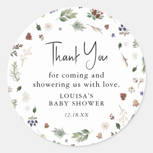 Waterverf Winter Foliage Baby shower Hartelijk dan Ronde Sticker (Voorkant)