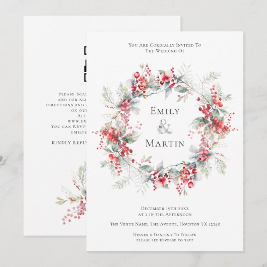 Waterverf Winter Foliage Bessen Krans Bruiloft Kaart (Voorkant / Achterkant)