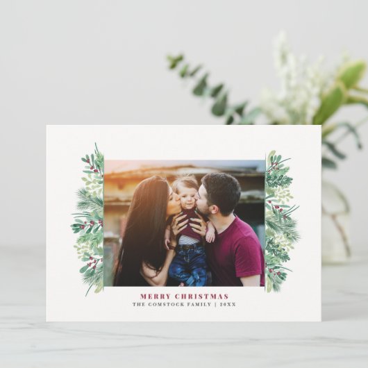 Waterverf Winter Foliage Christmas Family Letter Feestdagenkaart (Staand voorkant)