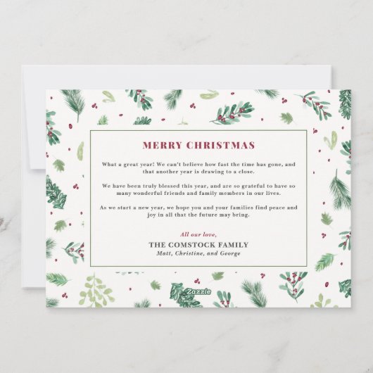 Waterverf Winter Foliage Christmas Family Letter Feestdagenkaart (Achterkant)