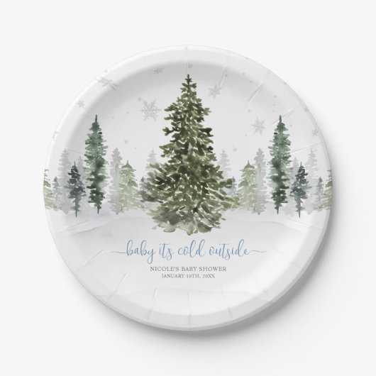 Waterverf Winter Forest Blue Baby shower Papieren Bordje (Voorkant)