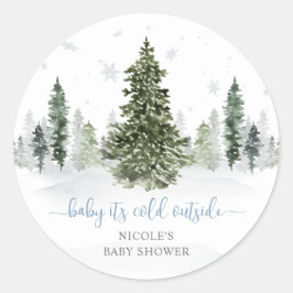 Waterverf Winter Forest Blue Baby shower Ronde Sticker